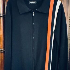 Men's Black Zip-Up Sweater with Red and White Stripes